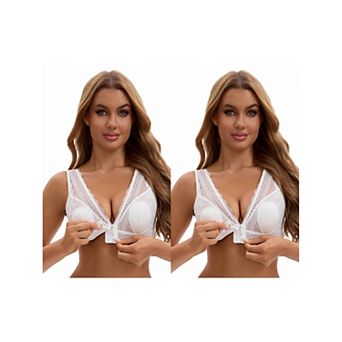 2 Packs Women's Deep V Neck Lace Sheer Front Closure Wirefree Tank Back Training Plunge Bras
