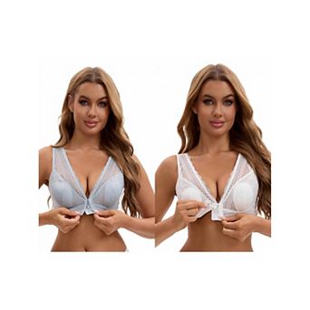 2 Packs Women's Deep V Neck Lace Sheer Front Closure Wirefree Tank Back Training Plunge Bras