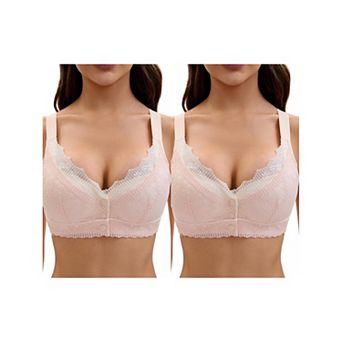 2 Packs Front Closure for Women's Lace Full Coverage V Neck Wirefree Adjustable Straps Soft Bras