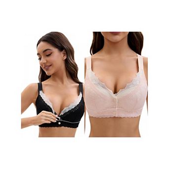 2 Packs Front Closure for Women's Lace Full Coverage V Neck Wirefree Adjustable Straps Soft Bras