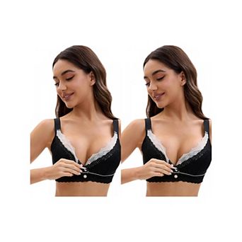 2 Packs Front Closure for Women's Lace Full Coverage V Neck Wirefree Adjustable Straps Soft Bras