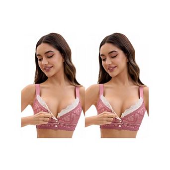 2 Packs Front Closure for Women's Lace Full Coverage V Neck Wirefree Adjustable Straps Soft Bras