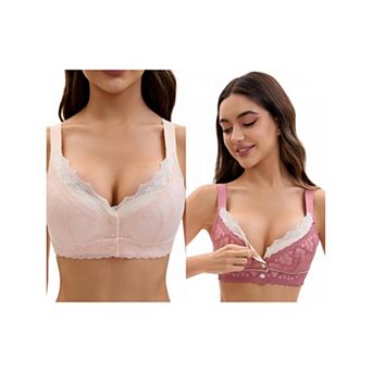 2 Packs Front Closure for Women's Lace Full Coverage V Neck Wirefree Adjustable Straps Soft Bras