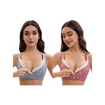 2 Packs Front Closure for Women's Lace Full Coverage V Neck Wirefree Adjustable Straps Soft Bras