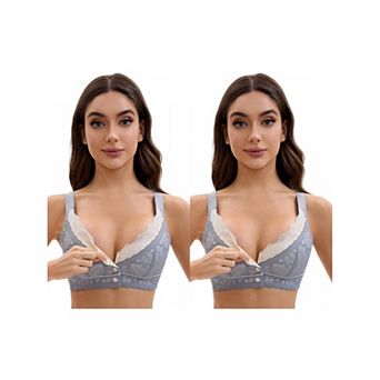 2 Packs Front Closure for Women's Lace Full Coverage V Neck Wirefree Adjustable Straps Soft Bras
