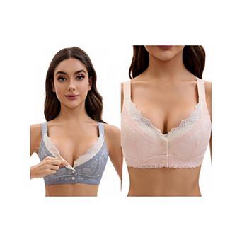 2 Packs Front Closure for Women's Lace Full Coverage V Neck Wirefree Adjustable Straps Soft Bras