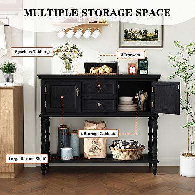 Retro console table with 2 drawers, 2 cabinet doors, and open shelves, suitable for the living room