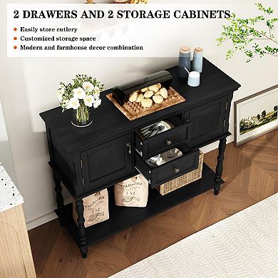 Retro console table with 2 drawers, 2 cabinet doors, and open shelves, suitable for the living room