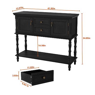 Retro console table with 2 drawers, 2 cabinet doors, and open shelves, suitable for the living room