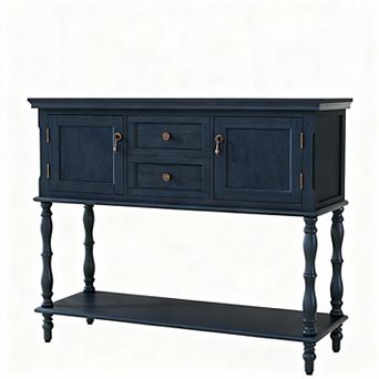 Retro console table with 2 drawers, 2 cabinet doors, and open shelves, suitable for the living room