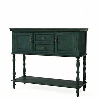 Retro console table with 2 drawers, 2 cabinet doors, and open shelves, suitable for the living room