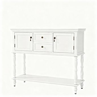 Retro console table with 2 drawers, 2 cabinet doors, and open shelves, suitable for the living room