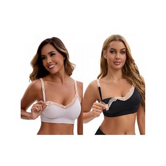 2 Packs Women's Lace Trim Soft Cup Nursing Bras Wirefree Front Closure Breastfeeding Lingerie