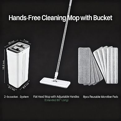 Self-Cleaning Mop & Bucket Set, 360° Mop Head, Adjustable Handle, 8 Microfiber Pads