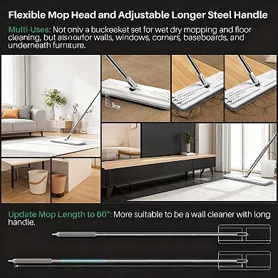 Self-Cleaning Mop & Bucket Set, 360° Mop Head, Adjustable Handle, 8 Microfiber Pads