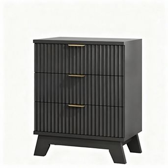 Mid-Century Modern 24" Wide Fluted Nightstand with 3 Drawers for Bedroom or Living Room