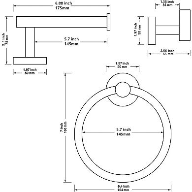 4 Piece Stainless Steel Bathroom Hardware Set: Towel Ring, Toilet Paper Holder, 2 Robe Hooks