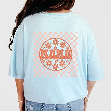 S.W.Smiley Checkered Mama Flowers Front and Back Print - Women's Garment Dyed Graphic T-Shirt