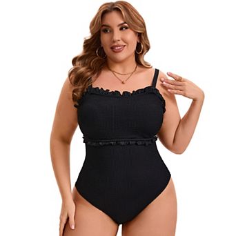 Women's Plus Size 1 pc Bathing Suit Ribbed Monikini Texture Back Tie Tummy Control Push Up Swimsuit