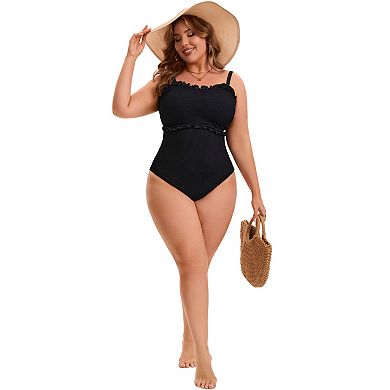 Women's Plus Size 1 Pc Bathing Suit Ribbed Monikini Texture Back Tie Tummy Control Push Up Swimsuit