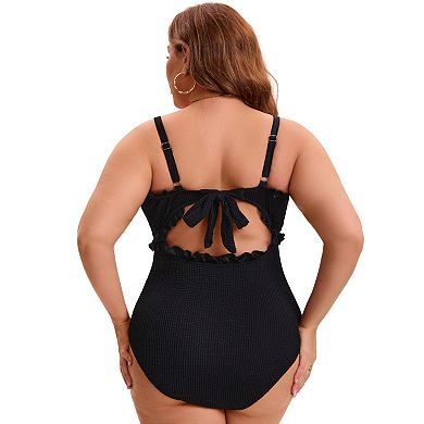 Women's Plus Size 1 Pc Bathing Suit Ribbed Monikini Texture Back Tie Tummy Control Push Up Swimsuit