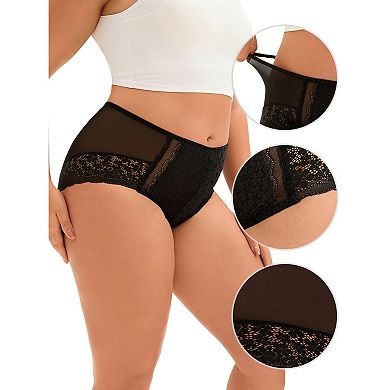 2 Packs Plus Size for Women's Lace Trim High Rise Solid Briefs Full Coverage Underwear