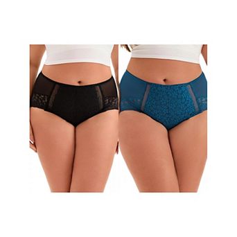 2 Packs Plus Size for Women's Lace Trim High Rise Solid Briefs Full Coverage Underwear