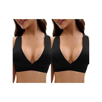 2 Packs Women's Deep V Bralette Wirefree T-Shirt Seamless Comfortable Plunge Bras