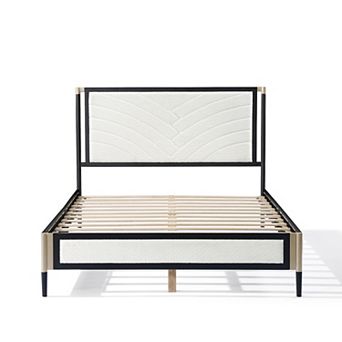 Full size Platform Bed with White Boucle fabric Headboard,Champagne Silver+Black Frame