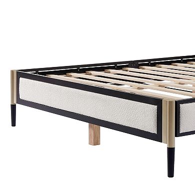 Full size Platform Bed with White Boucle fabric Headboard,Champagne Silver+Black Frame