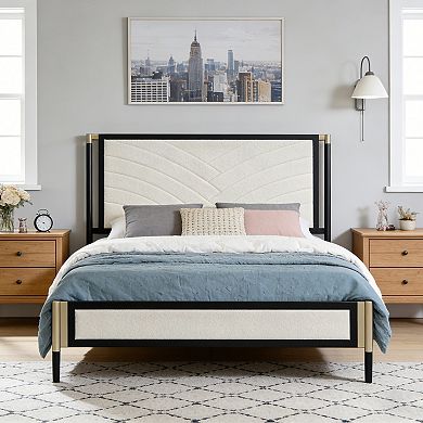 Full size Platform Bed with White Boucle fabric Headboard,Champagne Silver+Black Frame