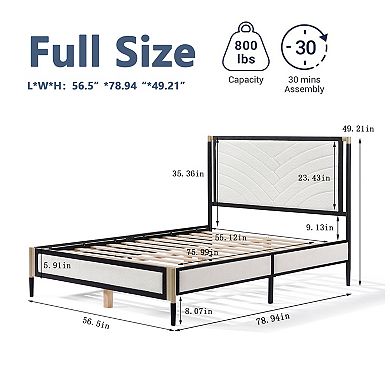 Full size Platform Bed with White Boucle fabric Headboard,Champagne Silver+Black Frame