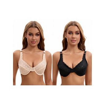 2 Packs Women's Lace Underwire Adjustable Straps Push Up Soft Cup Bras