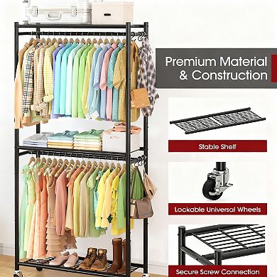 Sturdy Metal Garment Rack with Shelves & Wheels for Versatile Storage