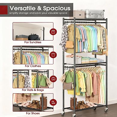 Sturdy Metal Garment Rack with Shelves & Wheels for Versatile Storage