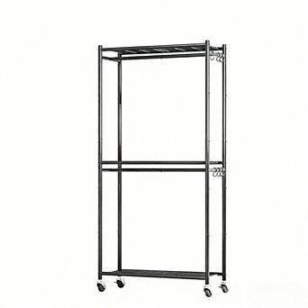 Sturdy Metal Garment Rack with Shelves & Wheels for Versatile Storage