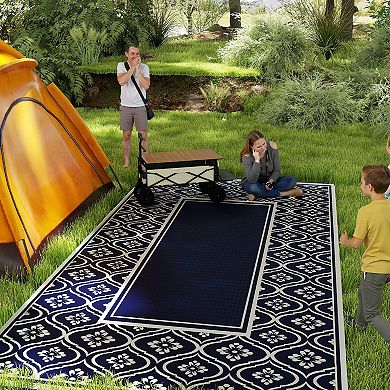 Outsunny Outdoor Rug, 9' x 18' Floor Mat, Blue White Gourd Border