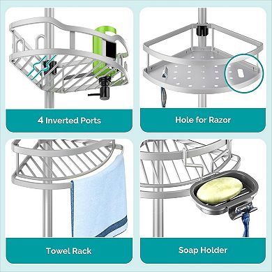 Tension Pole Shower Caddy 4 Tier Rustproof Adjustable with Soap Rack