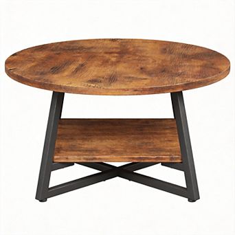 Rustic Brown 2 tier Round Coffee Table for Living Room with Adjustable Feet