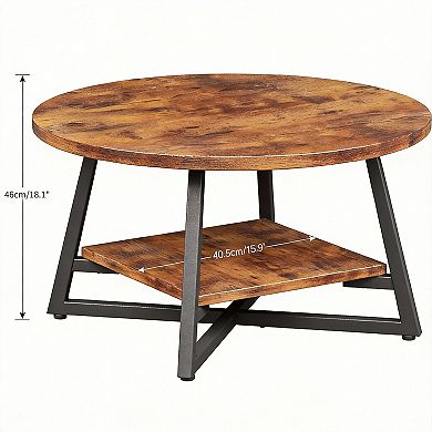 Rustic Brown 2-Tier Round Coffee Table for Living Room with Adjustable Feet