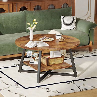 Rustic Brown 2-Tier Round Coffee Table for Living Room with Adjustable Feet