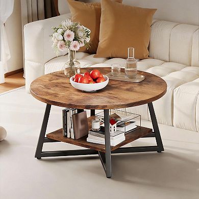 Rustic Brown 2-Tier Round Coffee Table for Living Room with Adjustable Feet