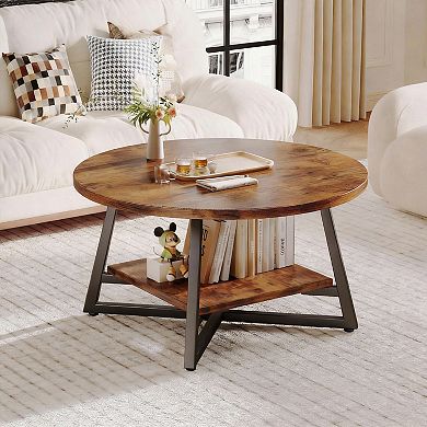 Rustic Brown 2-Tier Round Coffee Table for Living Room with Adjustable Feet