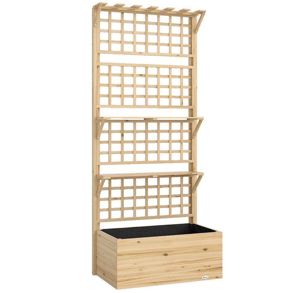 Outsunny Raised Garden Bed with Trellis and Storage Shelves, Natural