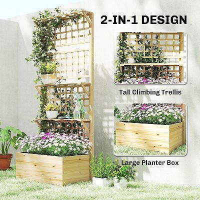 Outsunny jardinera con enrejado y techo de madera, jardinera exterior grande para plantas trepadoras, con 2 estantes, drenaje y forro, macetero elevad