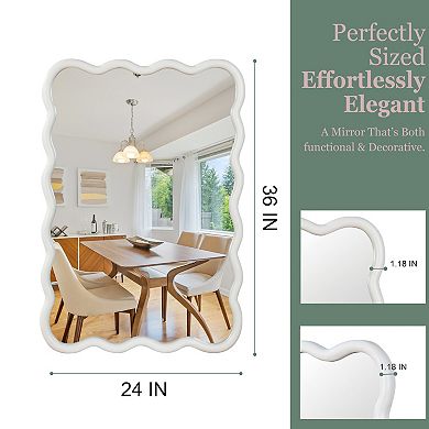 White 24"x36" Wavy Rectangle Solid Wood Frame Decorative Mirror