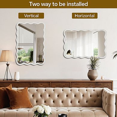 White 24"x36" Wavy Rectangle Solid Wood Frame Decorative Mirror