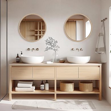 Natural 24" Wood Circle Mirror for Bathroom, Bedroom, Living Room, Entryway