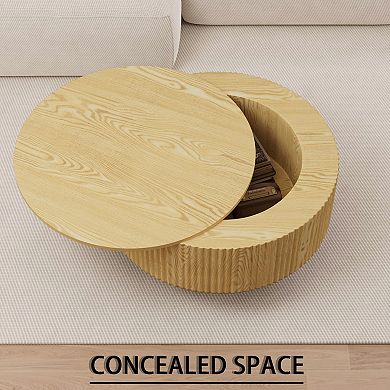 MIDOLA Natural Wood 30-in. Modern Circular Coffee Table with Hidden Storage