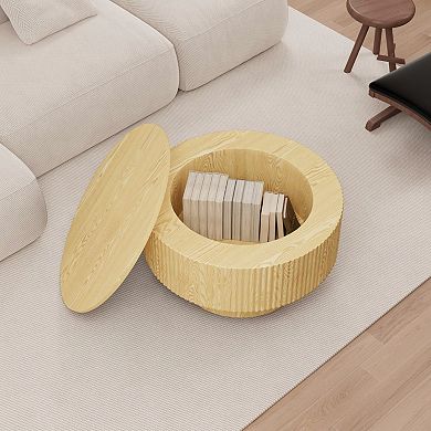 MIDOLA Natural Wood 30-in. Modern Circular Coffee Table with Hidden Storage